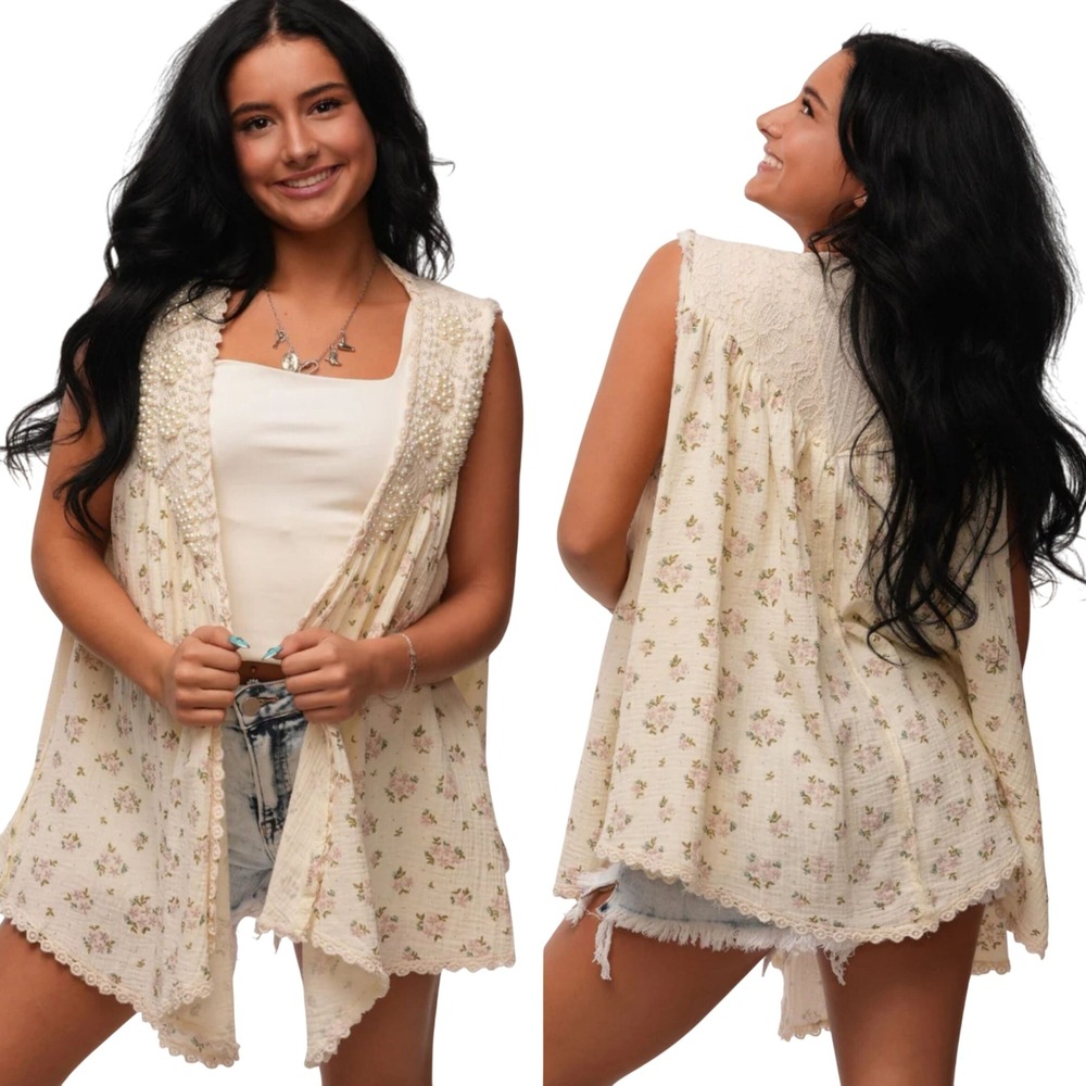 POL Boho Floral Vest Pearl Beaded Lace Trim Kimono Style Women's